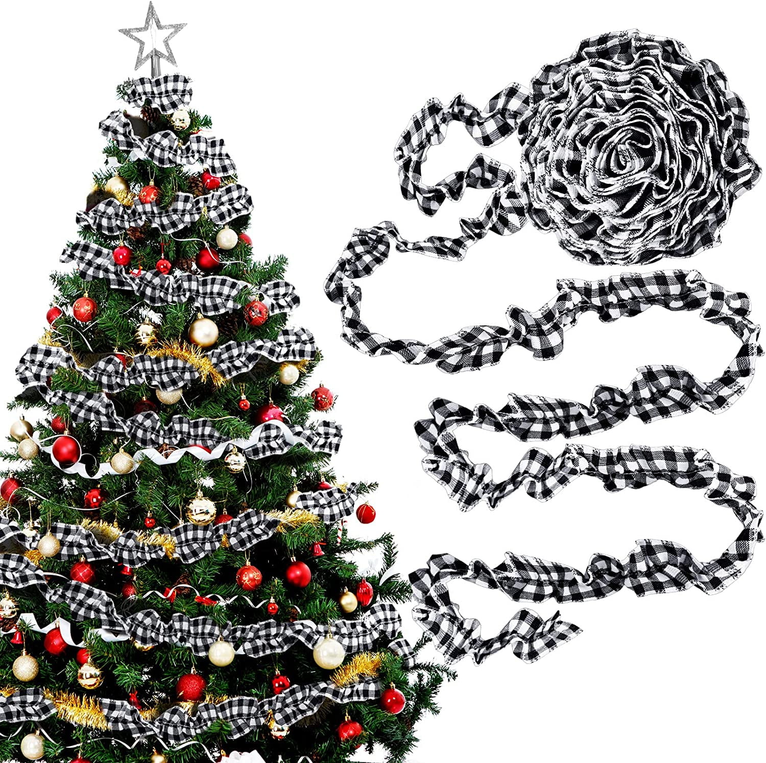 27ft Christmas Buffalo Plaid Ribbon Ruffled Homespun Fabric Garland, Christmas Tree Ribbon Decorations for Christmas Home Wreath Staircase Tree Decor