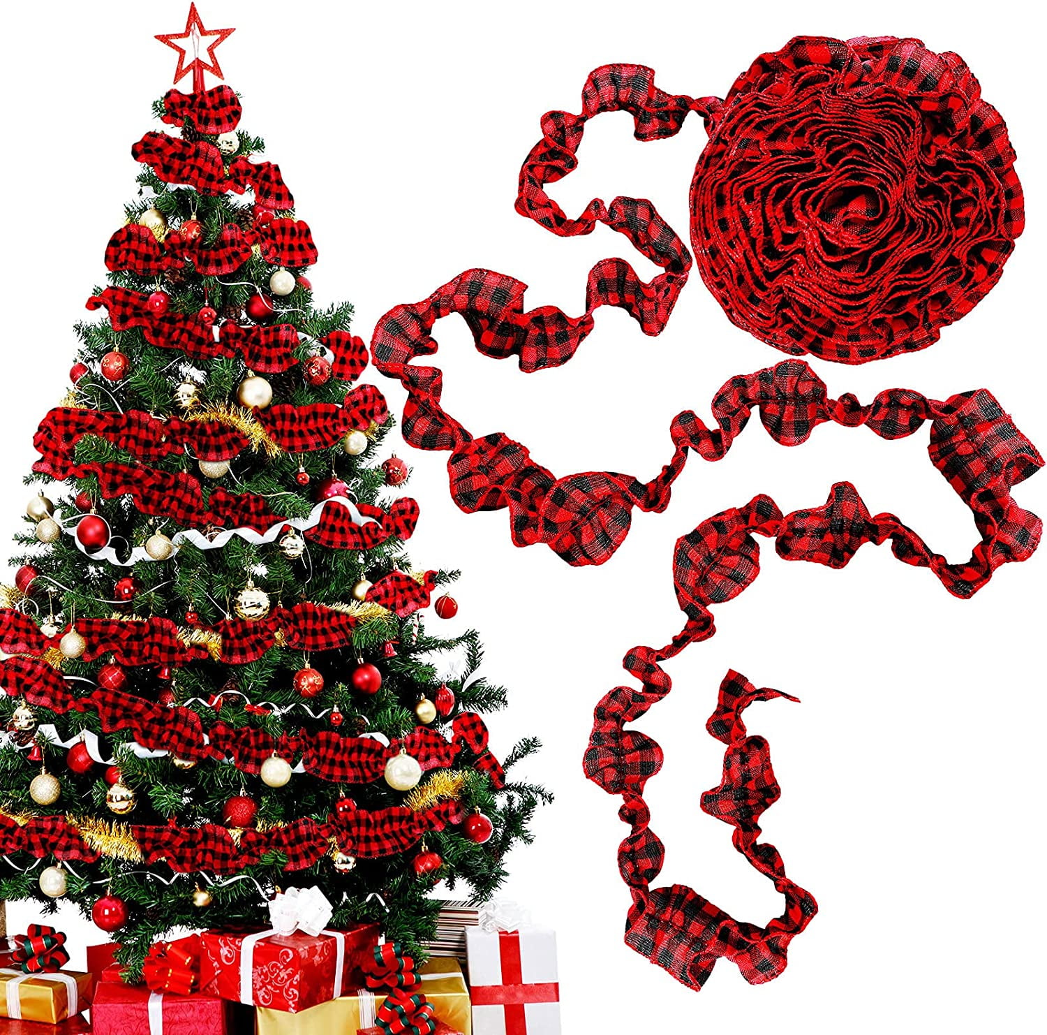 27ft Christmas Buffalo Plaid Ribbon Ruffled Homespun Fabric Garland, Christmas Tree Ribbon Decorations for Christmas Home Wreath Staircase Tree Decor