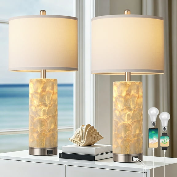 27in Coastal Table Lamps for Living Room Set of 2, Bedside Lamps with Night Light, Seashell Nightstand Lamps for Bedroom and Home Office
