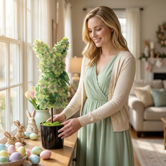 27in Easter Decorations Hydrangea Bunny Topiary Plant for Entryway Living Room Display, Large Easter Decor Artificial Rabbit Shaped Plant for Easter Decorations for Home