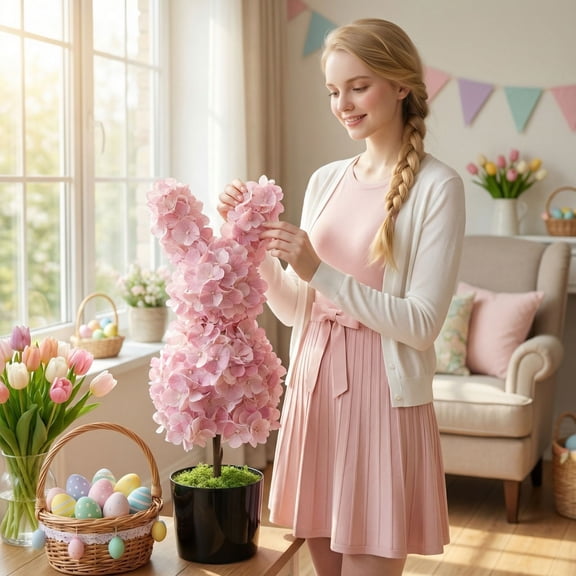 27in Easter Decorations Hydrangea Bunny Topiary Plant for Entryway Living Room Display, Large Easter Decor Artificial Rabbit Shaped Plant for Easter Decorations for Home