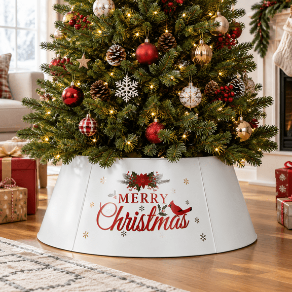 27in White Metalmas Tree Collar For 7.5 Ft Adjustable Farmhouse Ring Basket Holiday Base Cover Rustic Stand Seasonal Skirt Altern