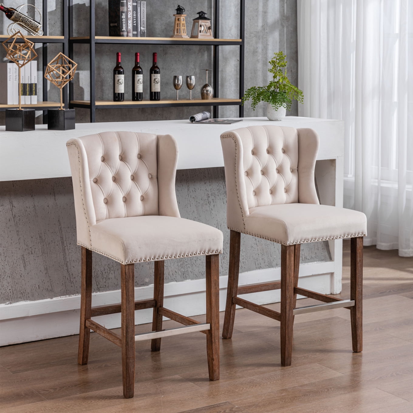 27inch Counter Height Bar Stools Set of 2, Velvet Upholstered Wingback Barstools with Button and