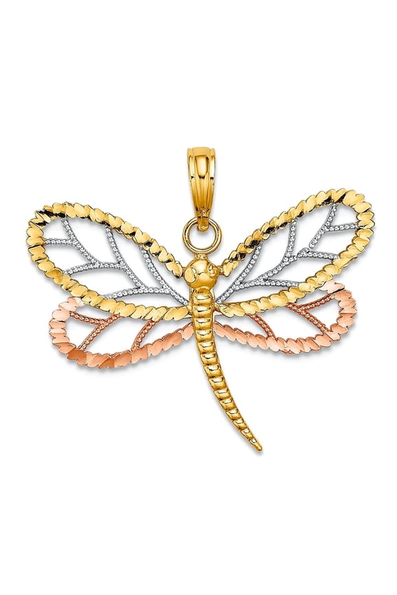 27mm 14k Two-tone Gold Dragonfly With Beaded and Dc Angel Wings Tri-color Charm Pendant Necklace for Women