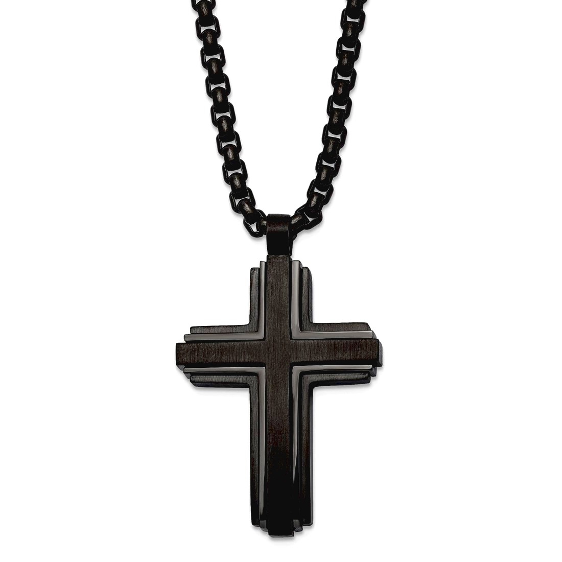 27mm Stainless Steel Brushed and Polished Black Ip Plated Religious Faith Cross Pendant a Box Chain Necklace 24 Inch Cha