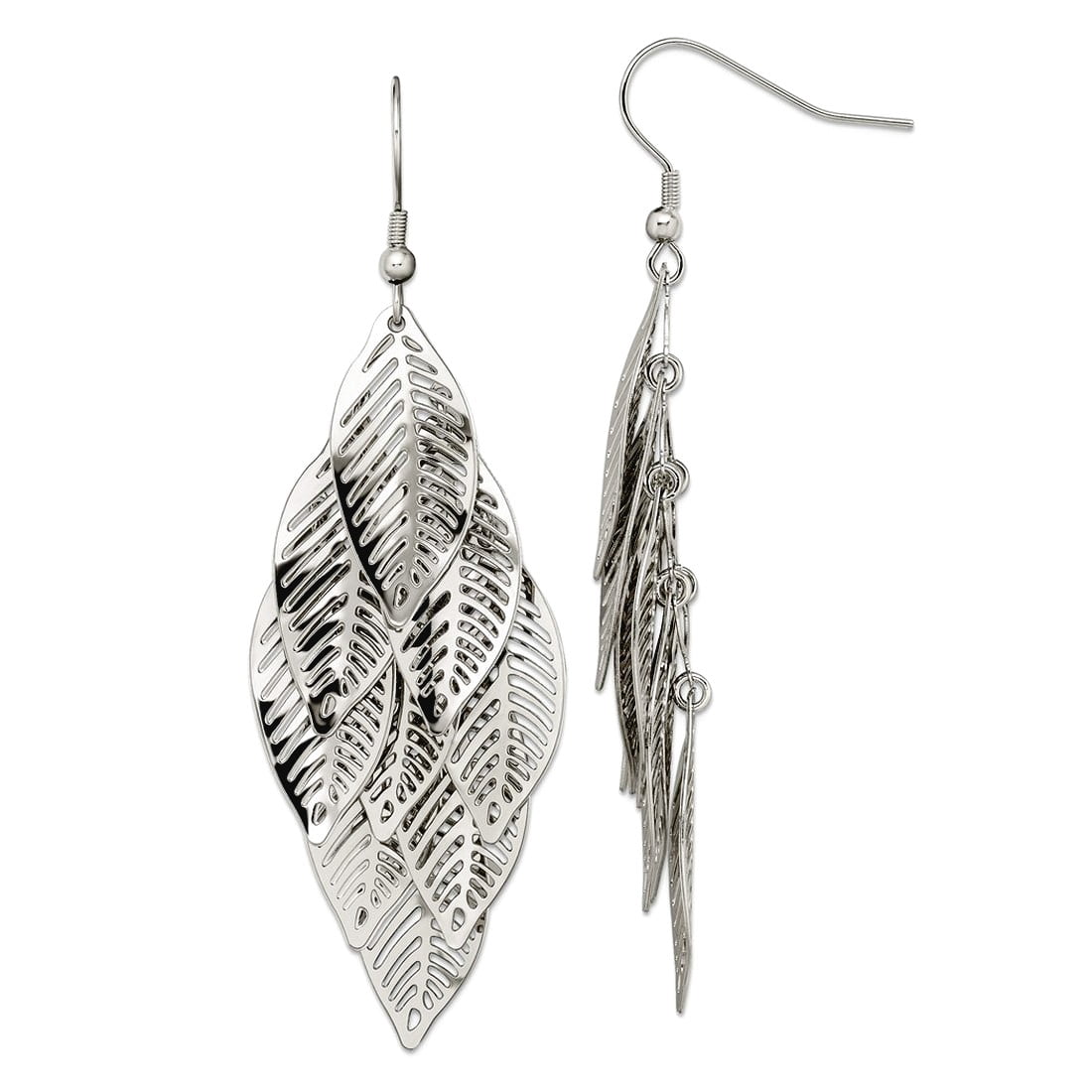 Stainless Steel Polished Leaves Dangle Shepherd Hook Earrings 65x27mm Wide Dangle Earring for Women