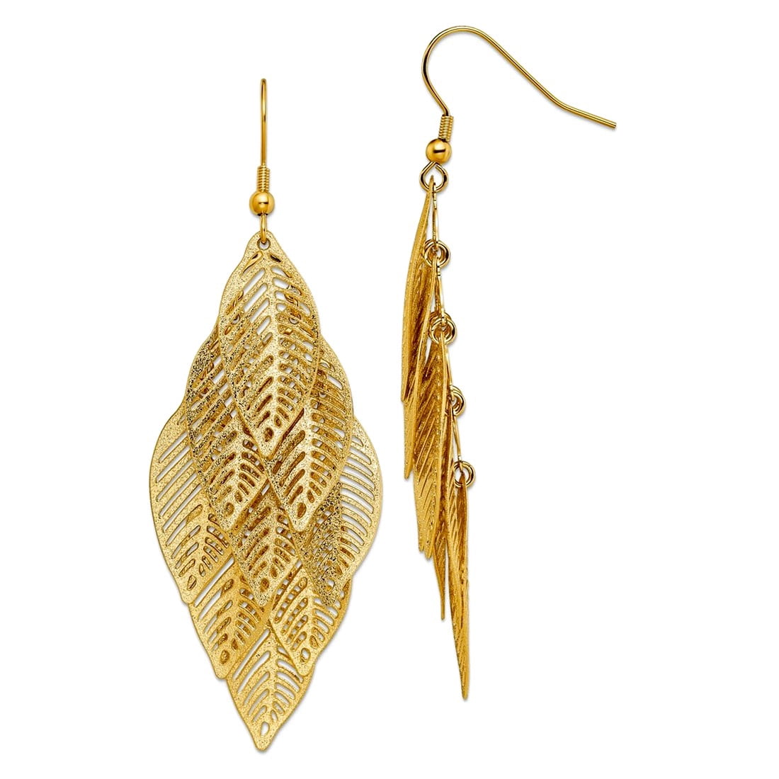 Stainless Steel Polished and Textured Yellow Ip Plated Leaves Dangle Shepherd Hook Earrings 65x27mm Wide Dangle Earring