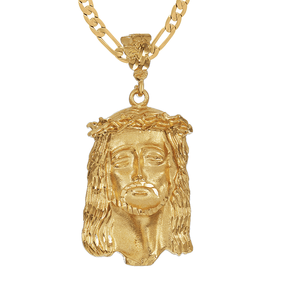 14K Gold Heavy Plated Crown Of Thorns Jesus Piece Face of Christ Pendant + 30" 4mm Figaro Chain Necklace Set