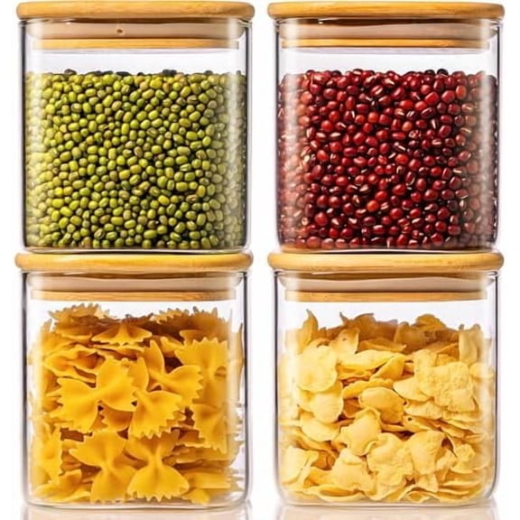 27oz - 4 Pack Square Glass Jars with Bamboo Lids, Glass Food Storage Containers with Airtight Lids for Kitchen, Air Tight Pantry Storage Containers for Cereal, Pasta, Rice, Sugar, Coffee, Spice