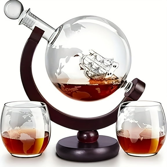 27oz/800ml Globe Shaped Borosilicate Glass Decanter Set, 2 Etched 11.84oz Cups with Wooden Base, Wine Tasting Set for Home Decor & Bar
