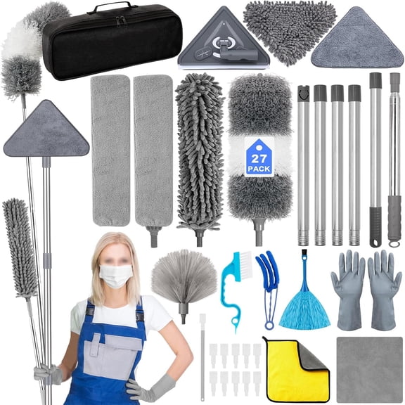 27pcs with 30 to 100 Inches Extension Pole and Wall Cleaner Mop, Washable and Bendable Feather Duster for Cleaning Ceiling Fans, High Ceilings, Cobwebs, Blinds, Grey
