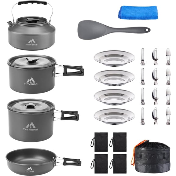 27pcs Camping Cookware Mess Kit for 2-4 People, Portable Set with Kettle, Pots & Pans, Stainless Steel Utensils, Plates, Dishware Backpacking, Picnic, Outdoor Adventures