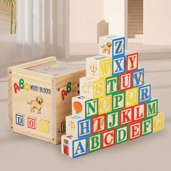 27pcs Colorful ABC Wooden Printing Large Building Blocks, Letter & Number Recognition Cube Blocks Creative Stacking Word Building Toy Set, Educational Interactive Toy For Boys And Girls
