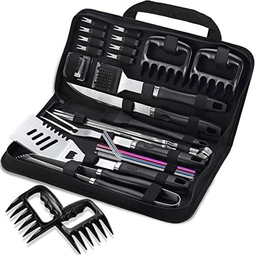 27pcs Heavy Duty Grilling Gifts for Men Dad Fathers Day, Extra Thick BBQ Accessories Tools Set, Stainless Steel Grill Utensils Kit with Meat Claws, Canvas Bag for Outdoor Camping Black