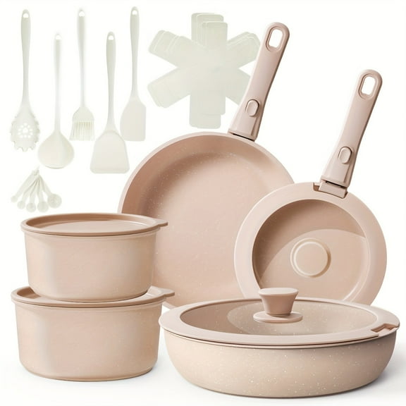 27pcs Nonstick Cookware Set, Detachable Handle, Non-Toxic Induction Compatible, Oven&Dishwasher Safe, Frying Pans & Sauce Pans, Beige, Christmas Gift