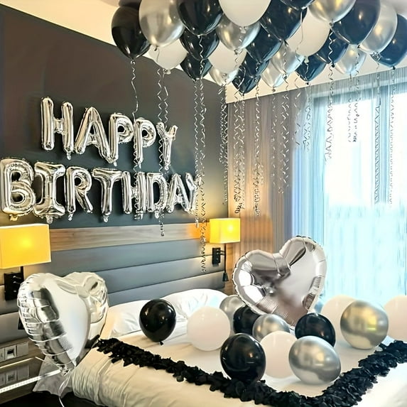 27pcs/Set - 16-Inch Large Birthday Black Letter Aluminum Film Balloons, with 2 Silver And 2 Black Heart Balloons, And Balloon Combination, Suitable for Birthday Themes, English Letters, Anniversaries