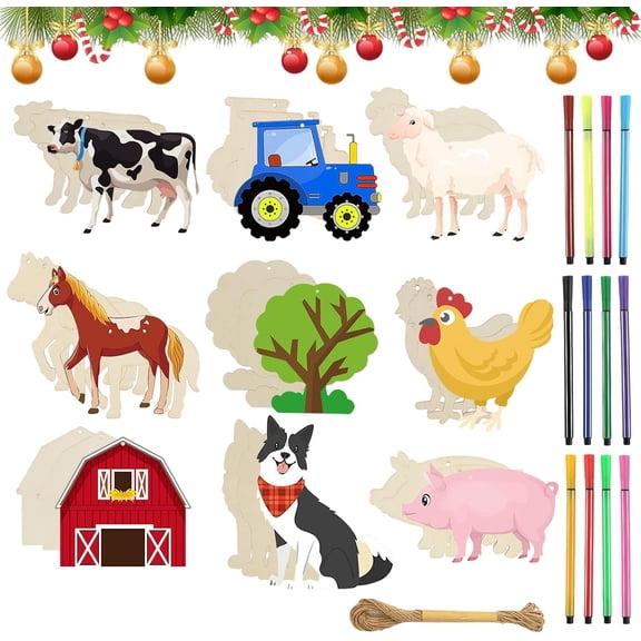 27pcs Unfinished Wooden DIY Cutouts, Farm Theme Craft Accessories Decorative Cutout Ornaments for Crafts, With 12 Watercolor Pens