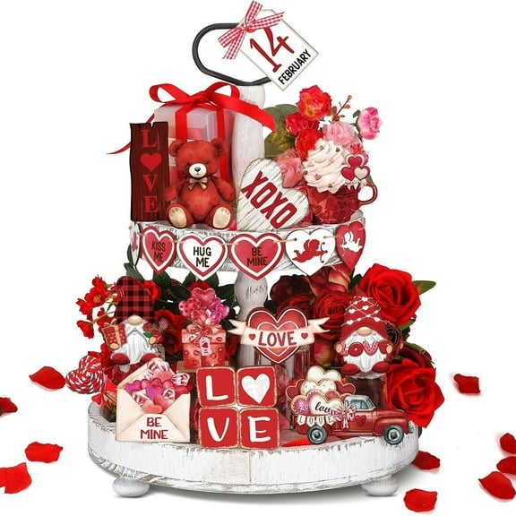 27pcs Valentine's Day Tiered Tray Ornaments Set Wooden Rustic Red Desktop Tray with Gnome Decor for Anniversary Party Family Gathering