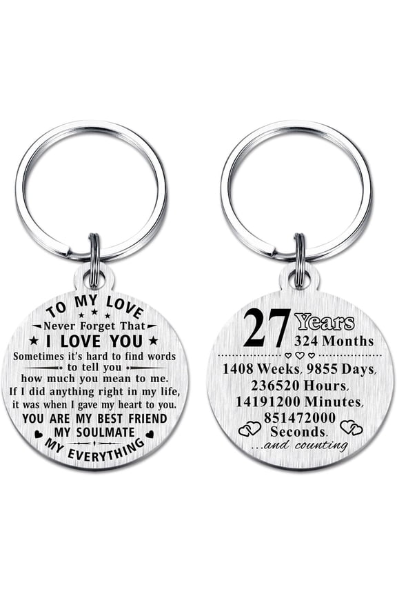 27th Anniversary Keychain Gifts, Steel Engraved 27 Year Anniversary Decorations for Couples