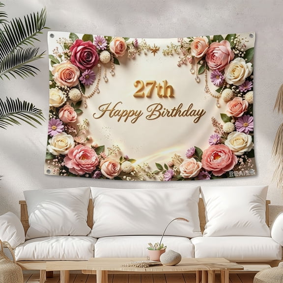27th Birthday Banner Decorations for Women Pink Roses Floral Happy 27th Birthday Banner Backdrop Sign for 27 Years Old Anniversary Party Home Wall Outdoor Indoor Photo Booth Background Supplies
