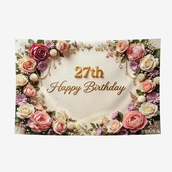 27th Birthday Banner Decorations for Women Pink Roses Floral Happy 27th Birthday Banner Backdrop Sign for 27 Years Old Anniversary Party Home Wall Outdoor Indoor Photo Booth Background Supplies