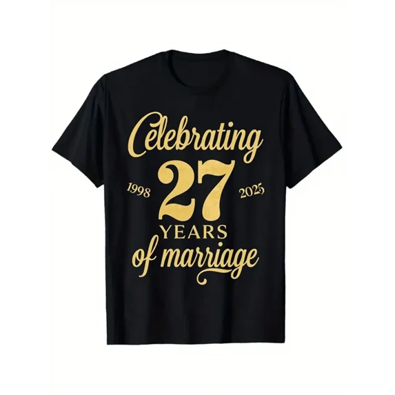 27th Wedding Anniversary T-Shirt for Men & Women - 27 Years Married 1996-2023 Gift, Golden Print Matching Wedding Bands Design, Comfortable Cotton Crewneck Tee for Wedding
