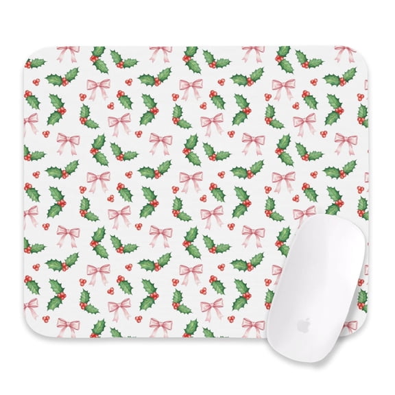 27x32cm Mouse Pad, Non-Slip Waterproof Rubber Base, Smooth Precise Desk Mat,Christmas Holly Pink Bow White Pattern