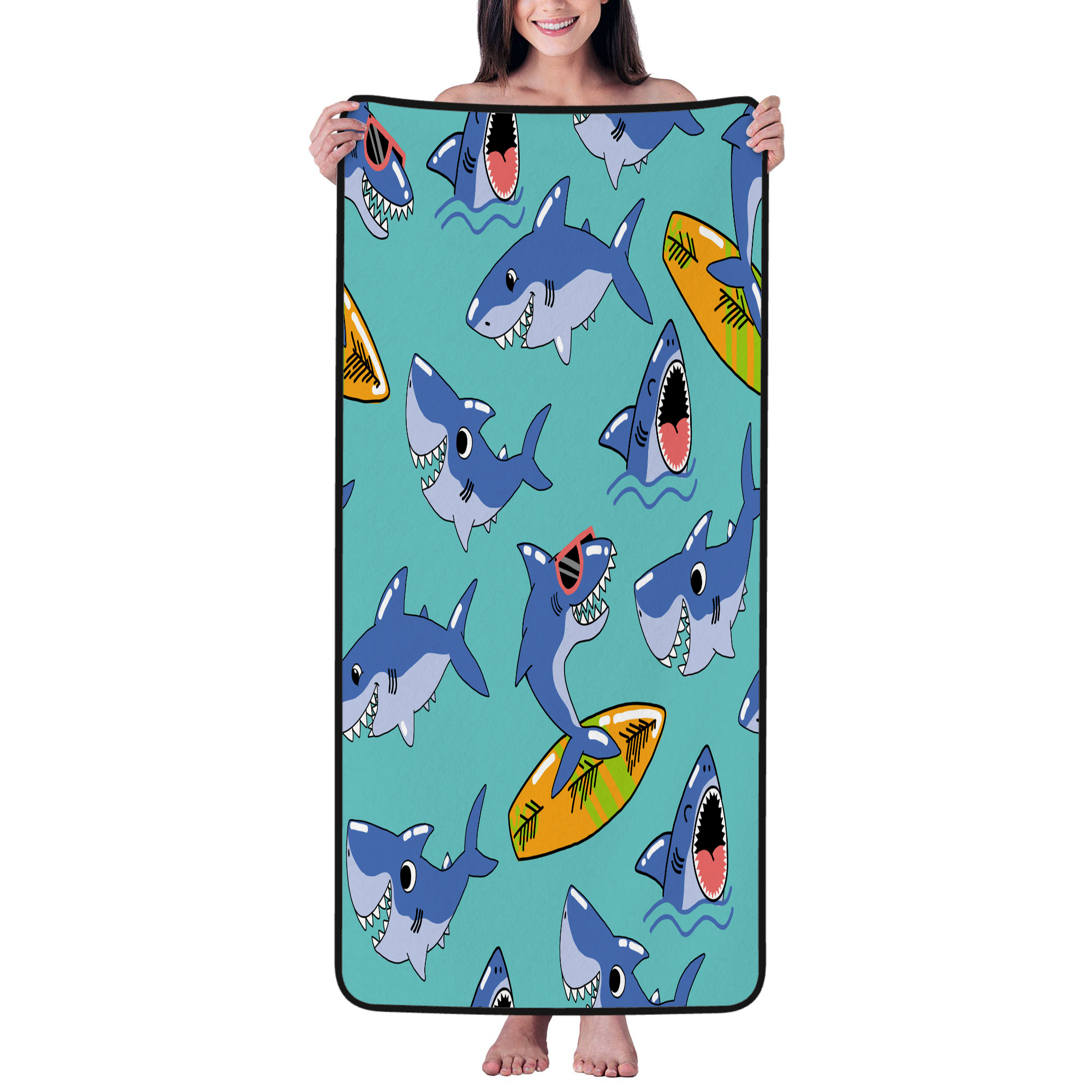 27x55in Coral Velvet Bath Towels Shark And Skateboard Soft Microfiber Coral Velvet Bath Towel