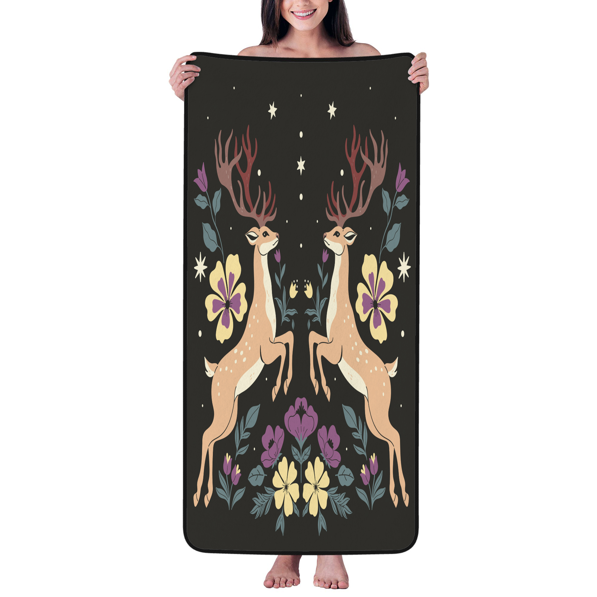 27x55in Coral Velvet Bath Towels Two Deer And Flowers Soft Microfiber