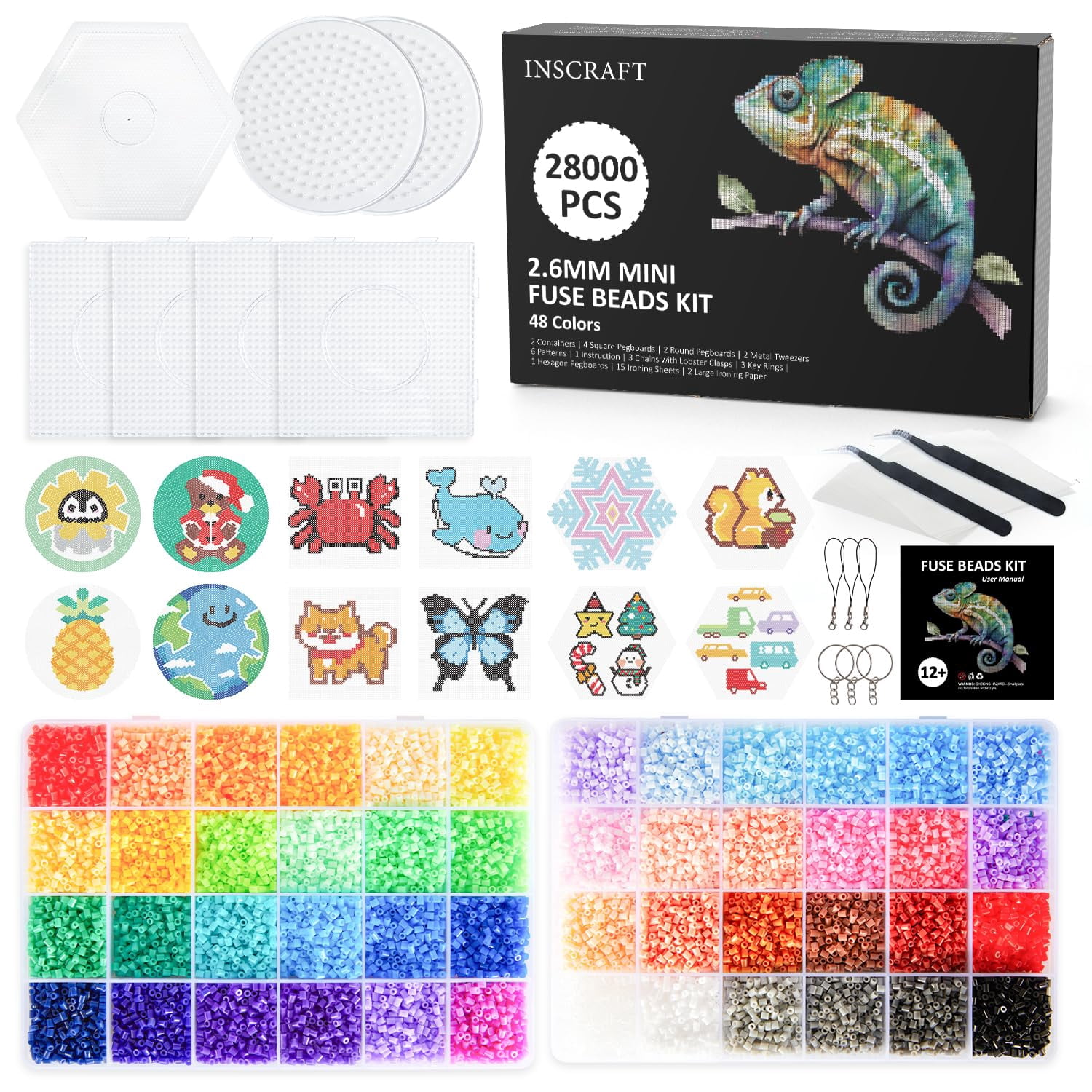 28,000 Mini Fuse Beads Kit 2.6mm with 48 Colors, 7 Pegboards 15 Ironing ...