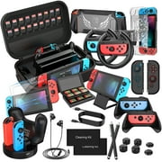 28 in 1 HSTOP Nintendo Switch Case Accessories Kit Bundle,2023 Gift Kit with Carrying Case, Dockable Protective Case Cover, Screen Protector, Steering Wheel, Joycon Grip & More (Black)