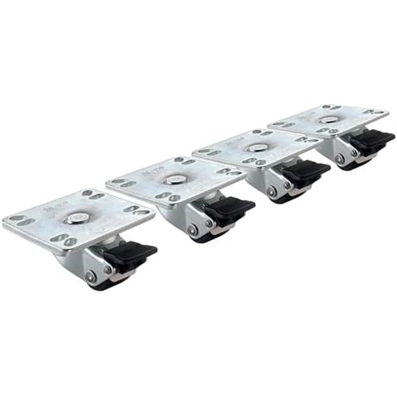 28-109S Ultra Low Profile Plate Caster Set of 4, 1" Wheels, 200 lbs Capacity, Raises Equipment 2", Grease-Resistant with Front Brakes, Fits 3-1/2" x 3-1/2" Plate, Universal Hole Pattern