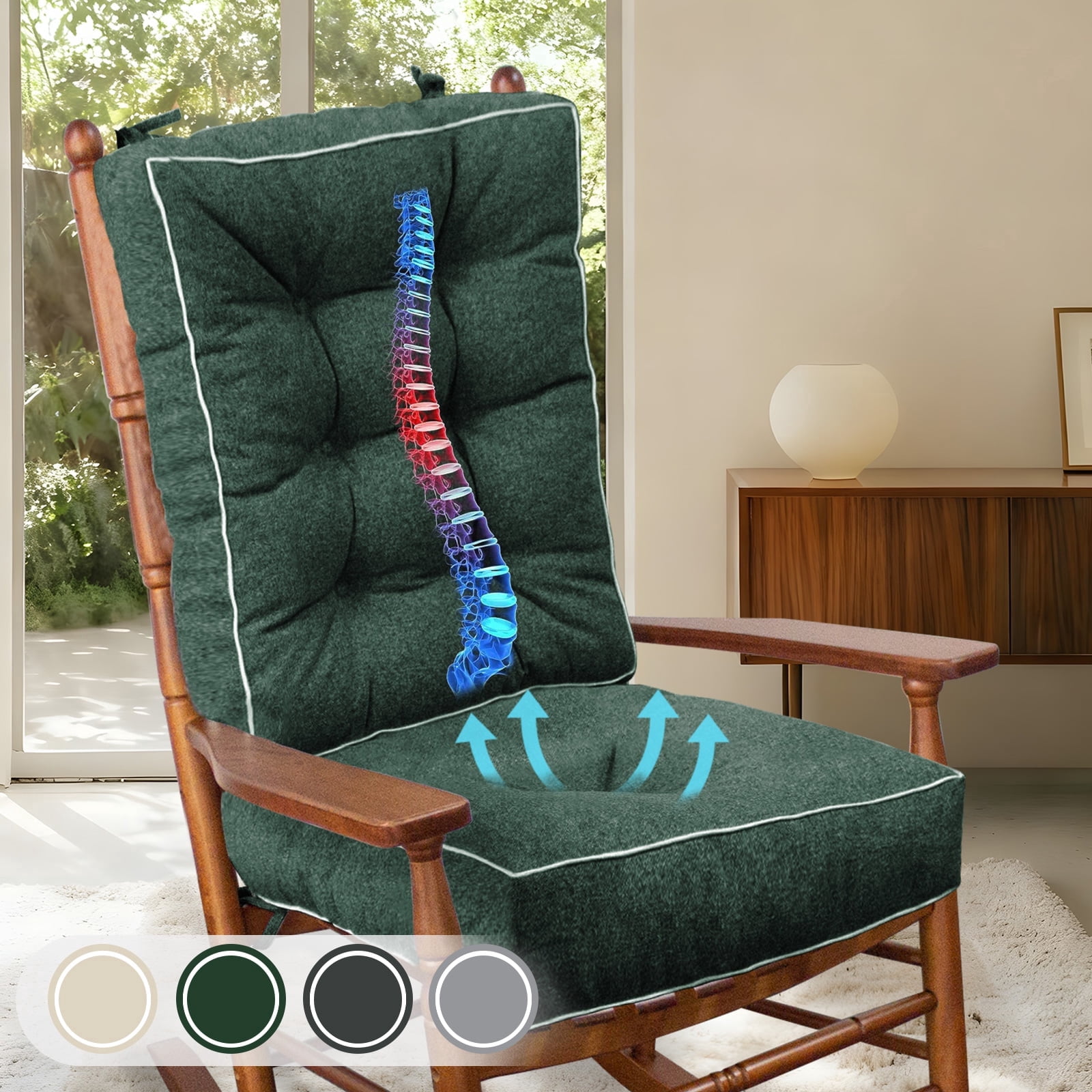 Galenzoov 28×18×5 inch Ultimate Comfort Rocking Chair Cushion Set - Luxurious Thick Memory Foam with Non-Slip Ties, Water-resistant Seat & Back Pillows for Indoor/Outdoor Rockers, Dark Green