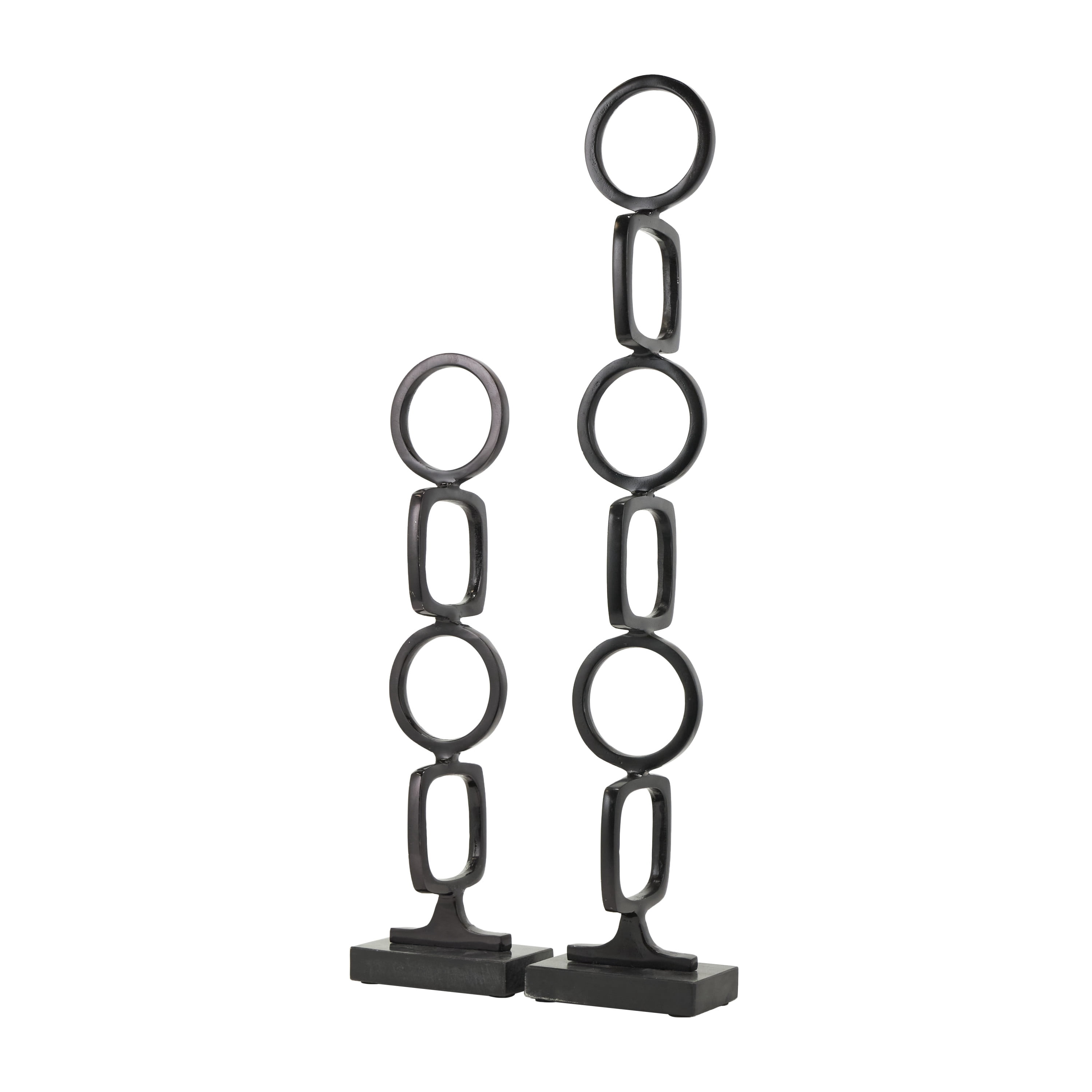 28", 19"H Black Aluminum Stacked Geometric Rings Abstract Sculpture with Marble Bases, by DecMode (2 Count)