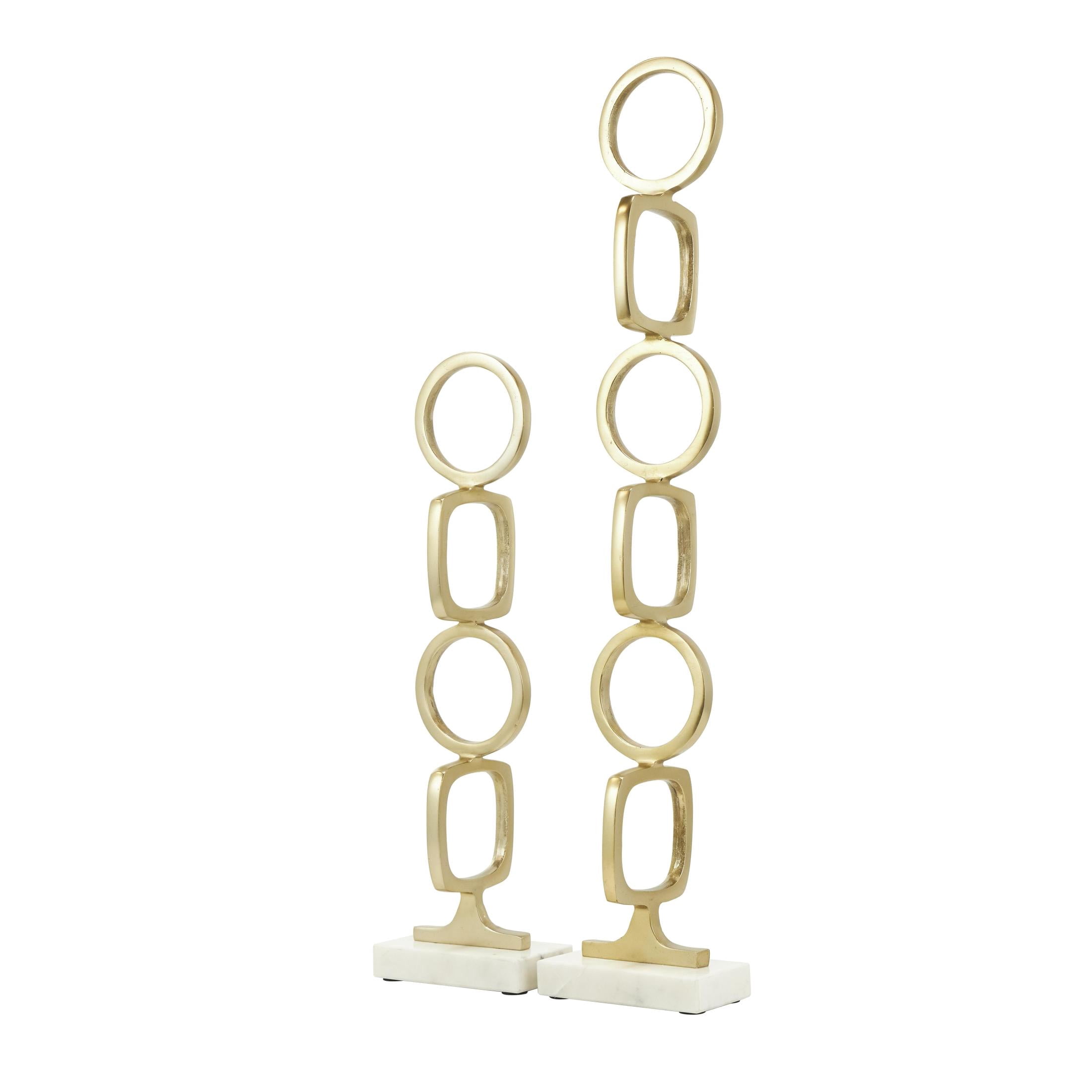 28", 19"H Gold Aluminum Metal Stacked Geometric Rings Abstract Sculpture with Marble Bases, by DecMode (2 Count)