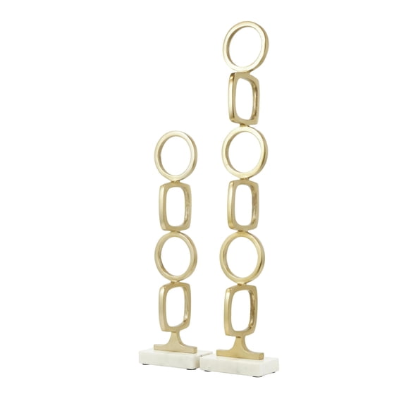 28", 19"H Gold Aluminum Metal Stacked Geometric Rings Abstract Sculpture with Marble Bases, by DecMode (2 Count)