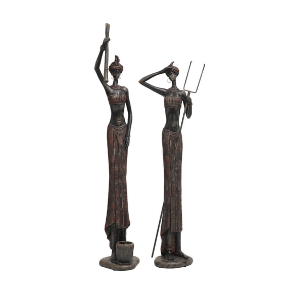 28", 24"H Red Polystone Handmade Tall African Women People Sculpture with Carved Dresswear, by DecMode (2 Count)