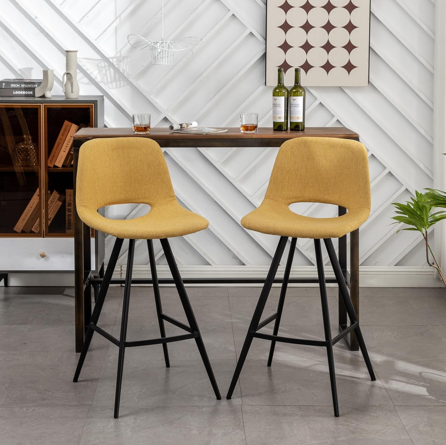 28.25" Counter Height Bar Stools Set of 2, Yellow Linen Upholstered Bar Chairs with Hollow Cutout Back, Black Metal Legs & Footrest for Kitchen Island Home Bar