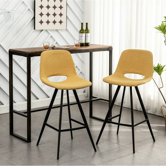 28.25" Counter Height Yellow Stools Of 2, Fabric Kitchen Seats With Thick Padding & Comfortable Footrests 2 Stools, Featuring Upholstery And Strong Metal Legs
