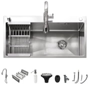 28/30/32 Inch Workstation Kitchen Sink Drop In Gunmetal Black Stainless Steel Single Bowl Sink with Pull Out Faucet, Soap Dispenser, Expandable Colander & Complete Drainage Kit