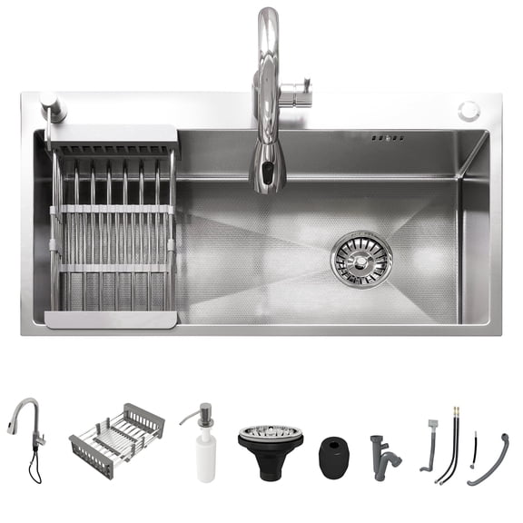 28/30/32 Inch Workstation Kitchen Sink Drop In Gunmetal Black Stainless Steel Single Bowl Sink with Pull Out Faucet, Soap Dispenser, Expandable Colander & Complete Drainage Kit