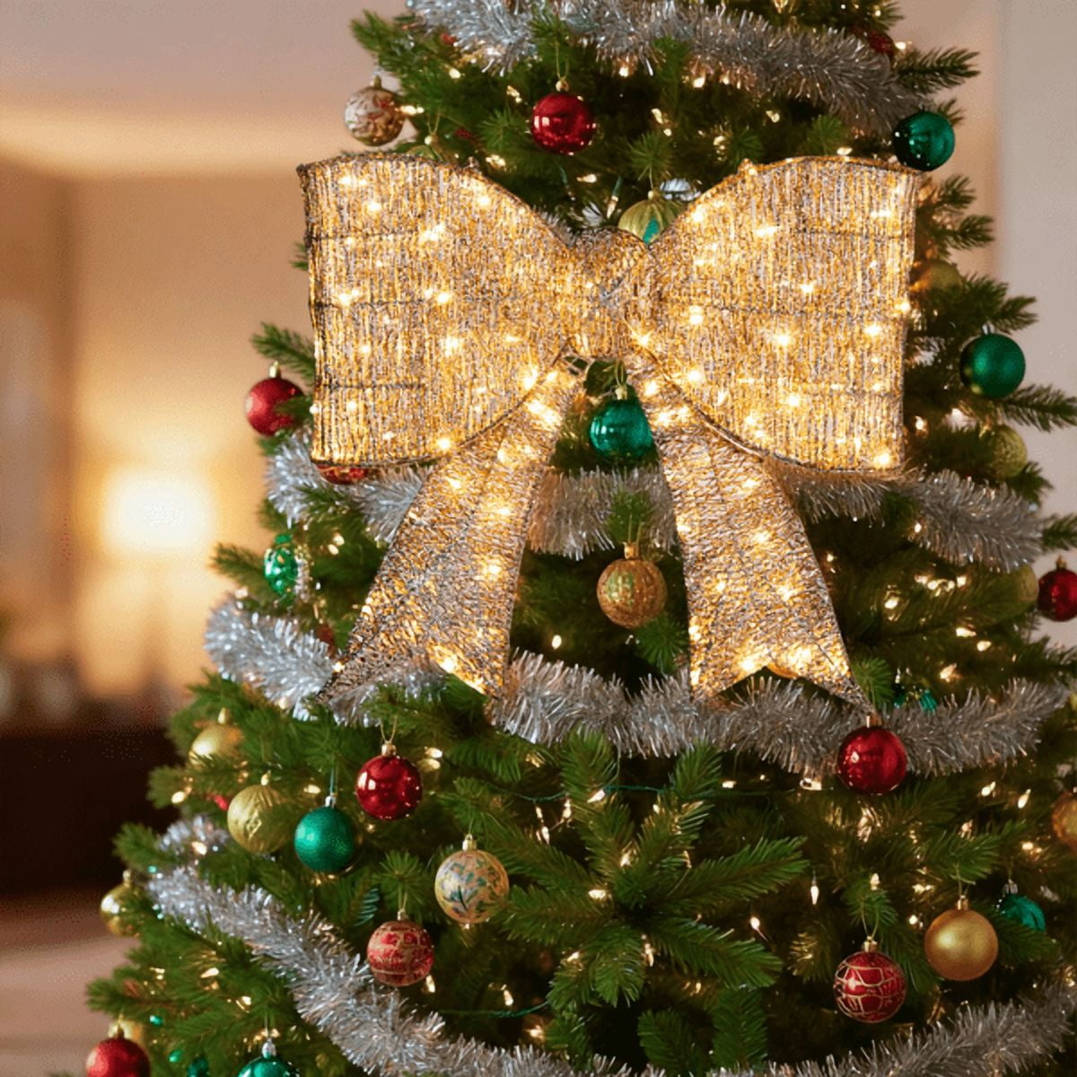 28.3in Pre-Lit Outdoor Christmas Bowknot, 124 Warm White LEDs, Sparkling Tinsel Fabric, Collapsible for Indoor/Outdoor Use