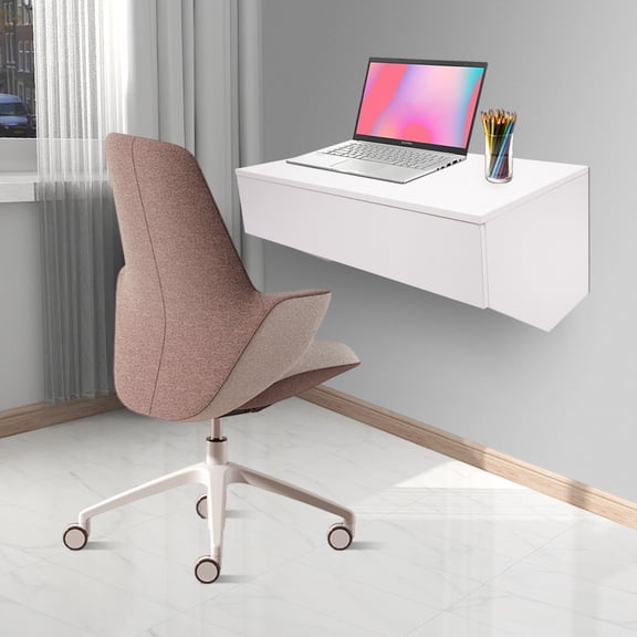 28.4*19.2*13in Modern Rectangular White Wall Mounted Desk with Pull Out Drawer for Homes, Offices