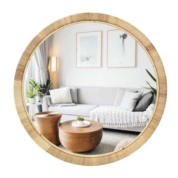 28.4"×28.4" Handmade Rattan Framed Wall Mirror, Rustic Farmhouse Style Decorative Mirror, Boho Chic Design, Ideal for the Living Room, Bedroom, Bathroom and Fireplace, Round