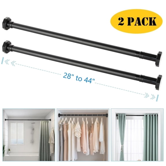 BEAMNOVA 28"-44" Adjustable Tension Curtain Rod, No Drilling Telescopic Tension Rods for Doorway Closet Windows Curtains, Black (2 Pack)