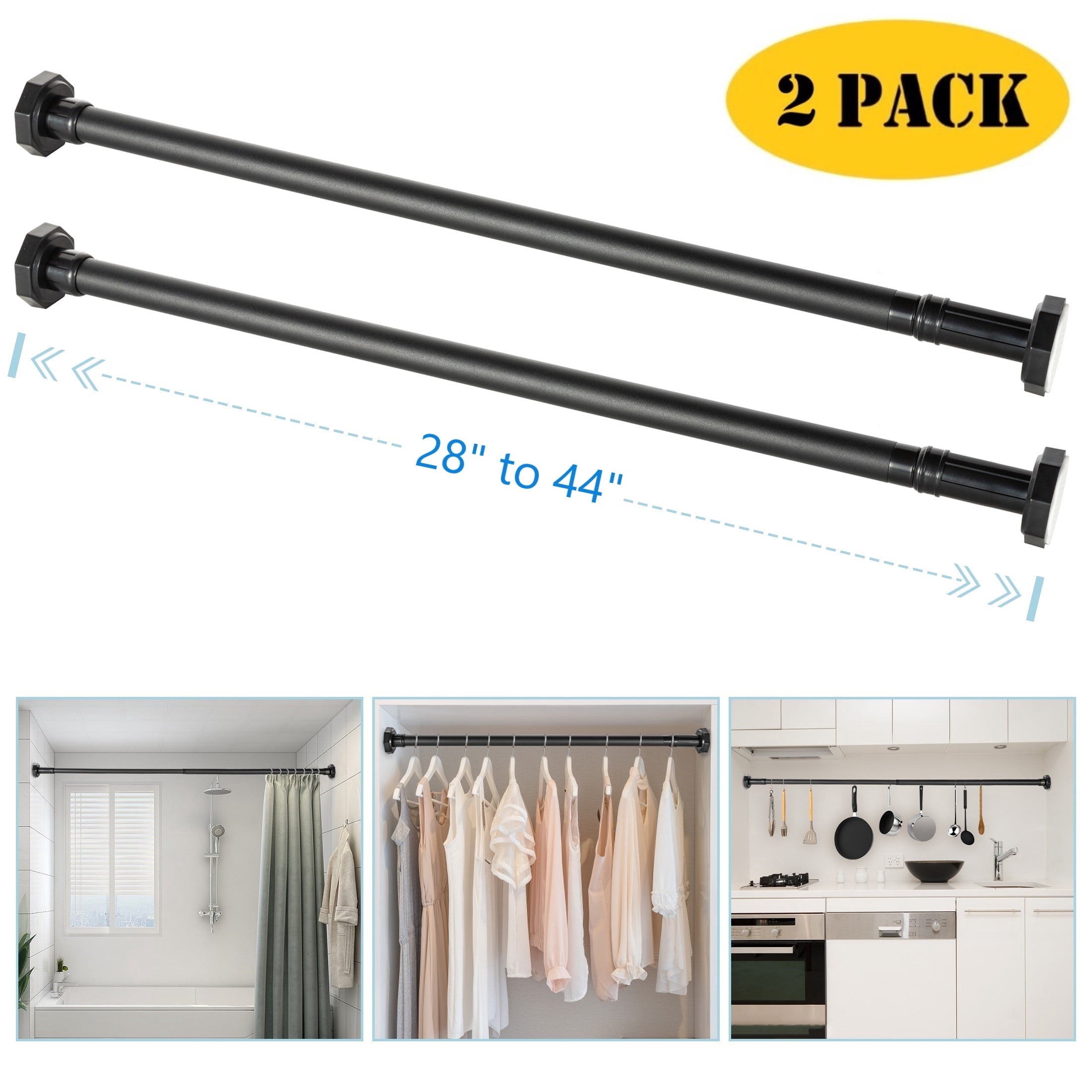 Adjustable Tension Shower Curtain Rod 28-192 Inch | No Drilling, No Tools | Strong 1 Inch Diameter Steel | Rustproof (Black) - View #3