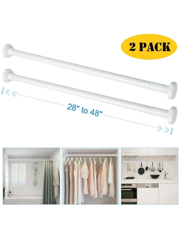 28"-48" Adjustable Tension Rod, Rust-Proof Hanging No Drilling Cabinet Wardrobe Closet Window Shower Curtain Rod, White (2 Pack)