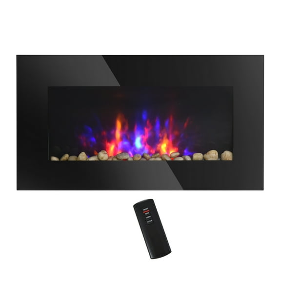 28.5" 1500W Electric Wall-Mounted Fireplace with Flame Effect, 7 Color Background Light, Black