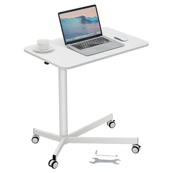 28.5"-44.2" Gas-Spring Height Adjustable Sit-Stand Desk 360 Swivel Wheels (2 Lockable) Portable Rolling Laptop Table Computer Cart for Home Office School, 44LBS Loading, 29.1 x 18.9 inch, White