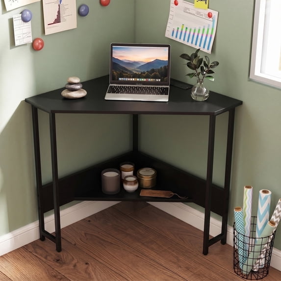 28.5" Corner Computer Desk with Charging Station & Open Shelf, Triangle Laptop PC Work Table, Small Home office Desk,Black